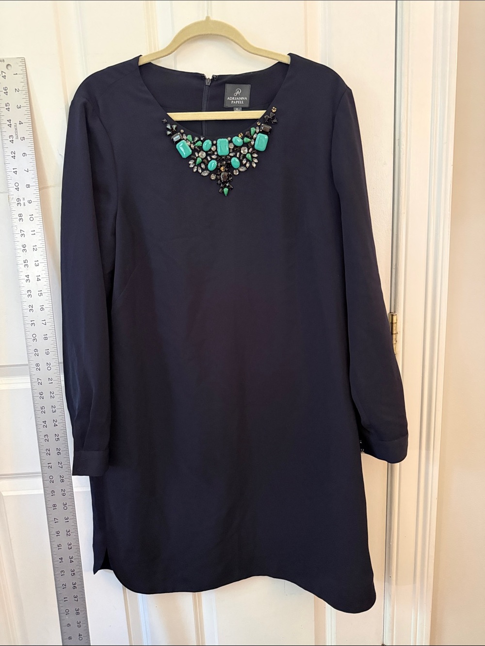 Adrianna Papell Navy Long-Sleeve Shift Dress with Teal Jewel Neckline